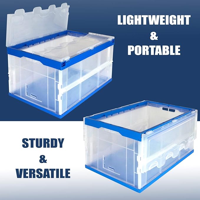 Mount-It! Collapsible Storage Bin with Attached Lid [65 Liter] Folding Crate, Durable Plastic Container, Trunk Storage, Box (23x15x13 Inches), Clear & Blue