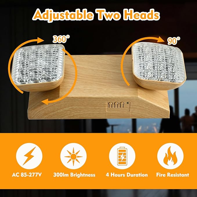 Plug in Emergency Lights for Business Home Power Failure 4Hours 300lm LED Rechargeable Light Fixtures with Battery Backup, AC85-277V -Wood