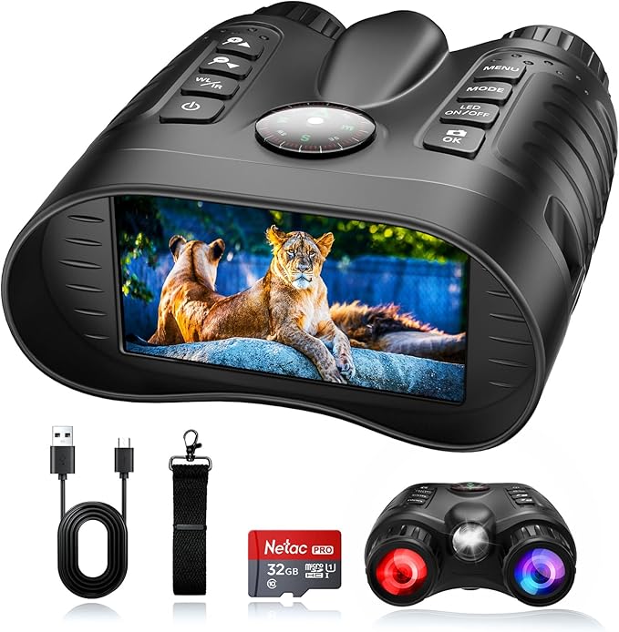 GOYOJO Night Vision Goggles — 4K Night Vision Binoculars Built-in IR Illumination for Hunting Camping, 4500mAh Rechargeable Battery, 32GB Card for Video and Photo Recording
