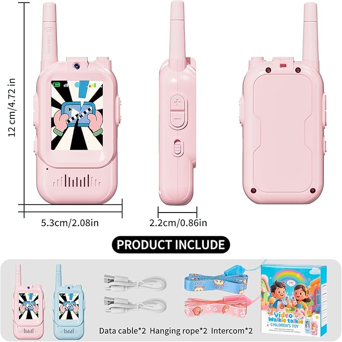Walkie Talkie for Kids with Video: 2 Pack Rechargeable Toddler Toys with HD Camera & Voice Changer, Long Range Gift Toys for Boy & Girl Age 3-8 for Outdoor Play, Camping (Pink-Pink)