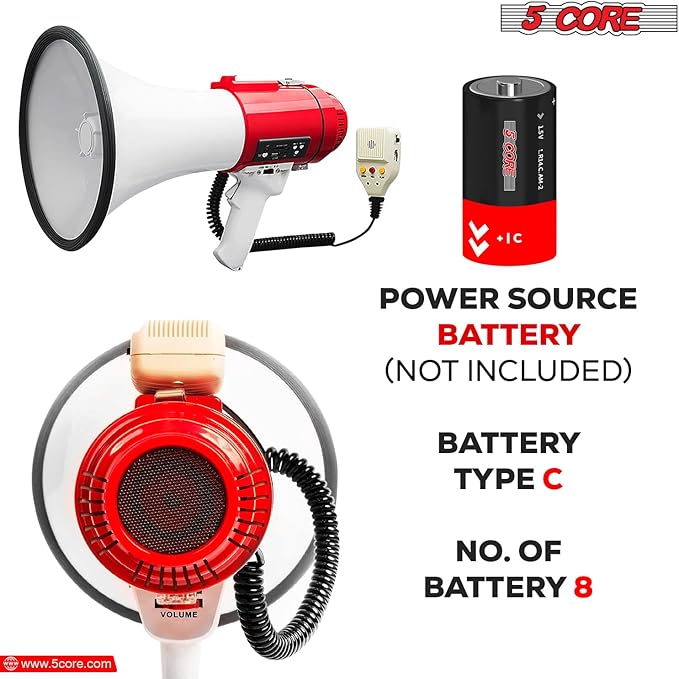 5 CORE Megaphone 60W Bull Horn Professional PA Speaker w 1200 Yards Range Loud Siren Voice Amplifier USB/SD/3.5mm Aux Portable Megafono for Emergency Outdoor Sports and Coaches - 77SF