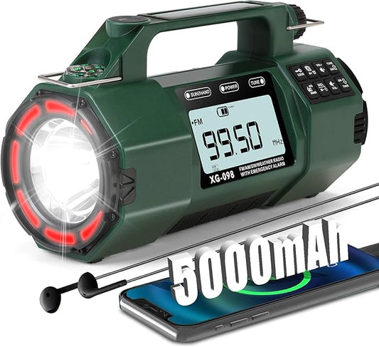 Emergency Weather Radio, 5000mAh Replaceable Battery, Solar Hand Crank Radio with AM/FM/SW/NOAA Alert, Sleep Timer Alarm Clock, Compass Cell Phone Charger, Headphone Jack, Flashlight and SOS Siren
