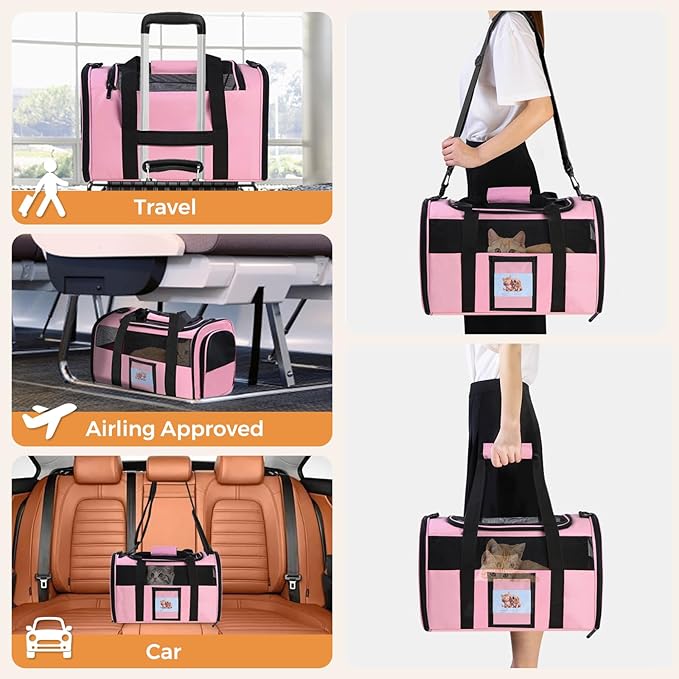 Cat Carrier Soft for Pets Up to 25 Lbs, Cat Travel Bag with Padded Shoulder Strap and Detachable Cat Food Bowl, Pet Dog Carriers for Small Dogs Travel Puppy Carry Airline Approved, Pink