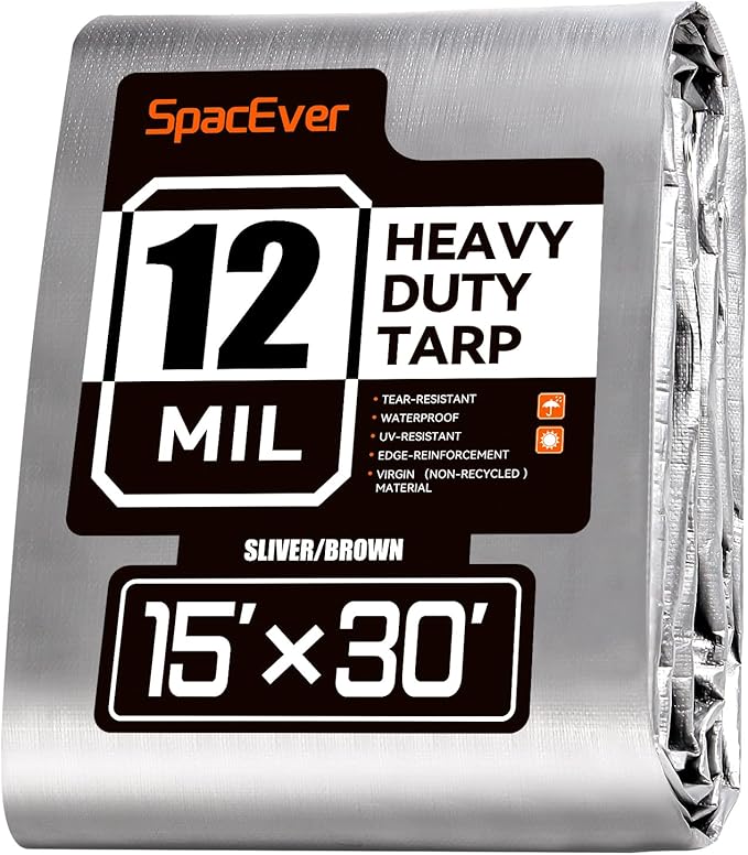Tarp Heavy Duty 15x30 FT, 12 Mil Thick Large Tarps Water-Proof with Grommets, UV& Tear Resistant, Plastic Cover for Pool Roof Tent Outdoor Firewood, Silver& Brown