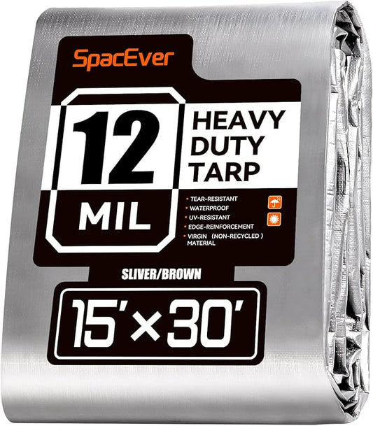 Tarp Heavy Duty 15x30 FT, 12 Mil Thick Large Tarps Water-Proof with Grommets, UV& Tear Resistant, Plastic Cover for Pool Roof Tent Outdoor Firewood, Silver& Brown