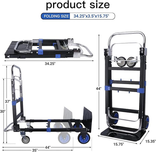 3 in1 Heavy Duty Convertible Hand Truck Dolly Cart, Folding Trolley Cart with Wheels, 600lbs Capacity for Transport Moving in Warehouse, Supermarket, Equipment (Blue)