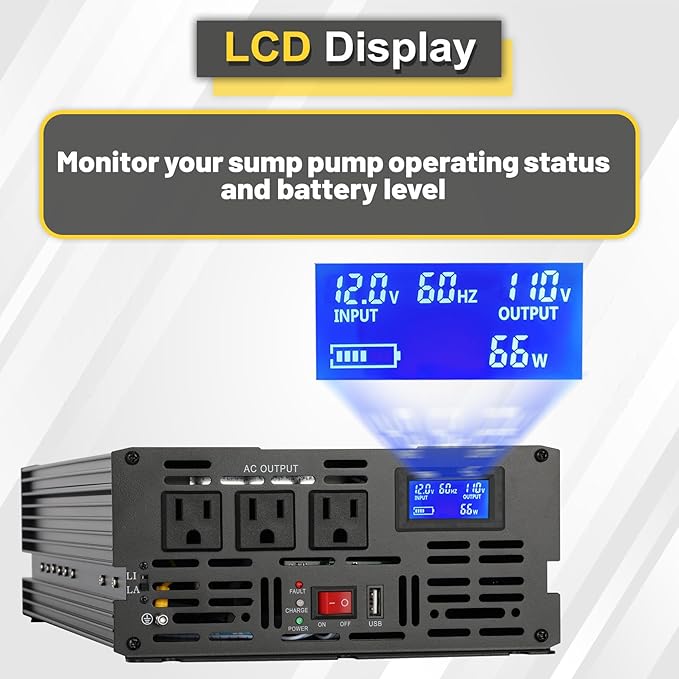 2000W Primary Sump Pump Backup System, Basment Protection Backup Inverter, Black, LCD Display, Auto Switches for Continuous Sump Pump Operation, Basement Emergency and Power Outage Backup