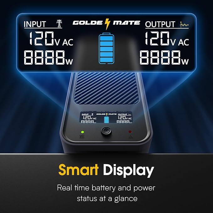 GOLDENMATE 1000VA/800W Lithium UPS Battery Backup and Surge Protector, Sinewave UPS System with LiFePO4 Battery(230Wh), Updated Pro Ver. with USB Communication Port, 8 Outlets, LCD Display, Gray