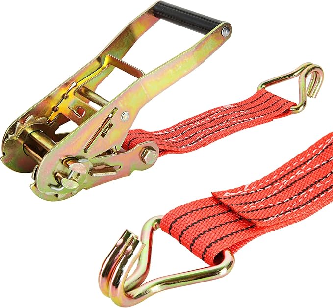 HNBun 4 Pack Ratchet Tie Down Straps, 2 Inch x 20 Feet, 10,000 lbs Break Strength, Heavy Duty Cargo Lashing Straps with Double J Hooks for Trailer, Truck, and Farm Equipment, Red