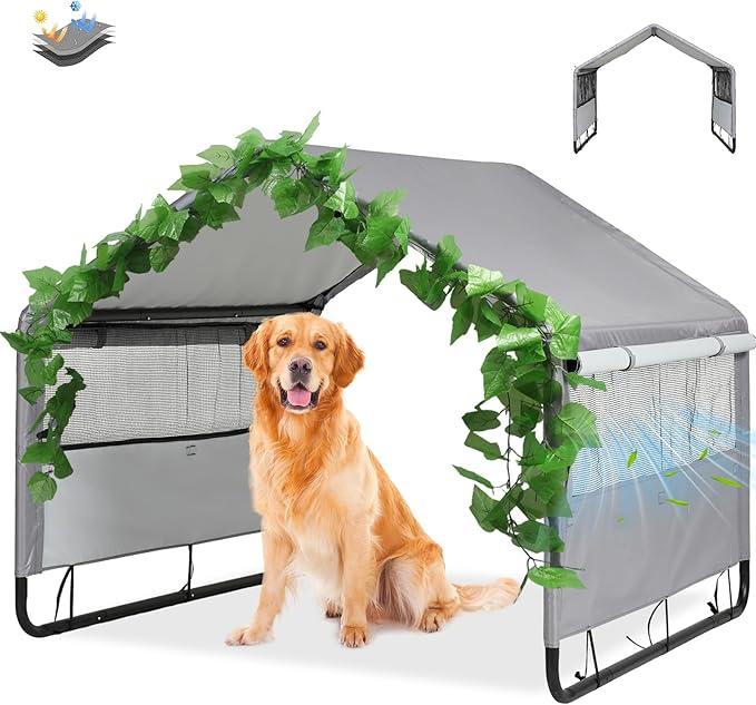 Large Dog House Shade Shelter Outdoor Tent for Large Medium Dogs, Outside Sun Rain Canopy Pet House for Homeless Cats Pigs Livestock with Rainproof Cover with Artificial Grapevine Leaves