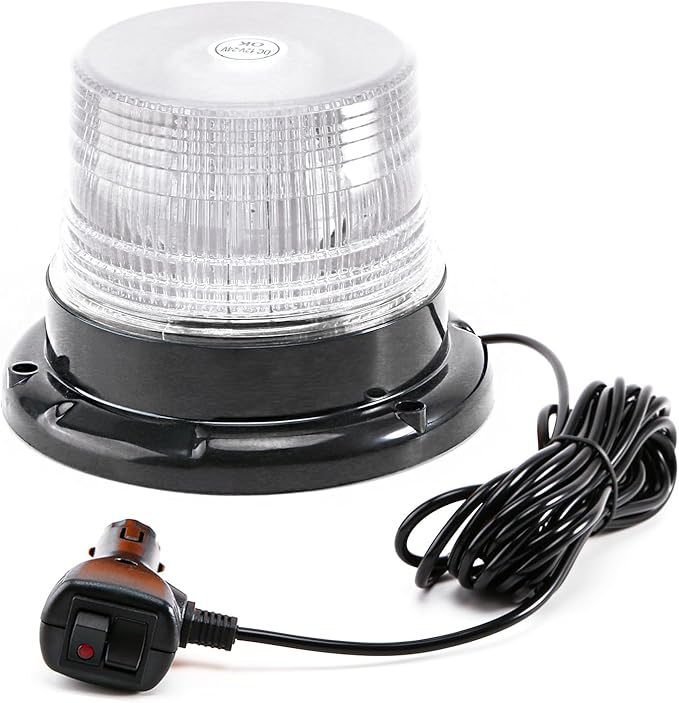 1-Pcs White LED Beacon Lights 12-24V Warning Safety Flashing Emergency Roadside Strobe Mini Light Bar with Magnetic Base for Snow Plow Truck Construction Vehicles Forklift Tractor Golf Carts