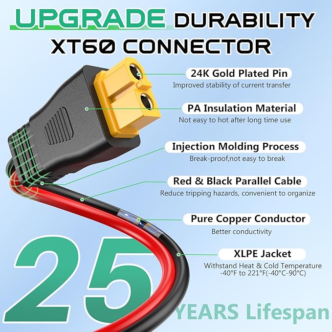 12AWG XT60 Solar Cable 10FT, Solar to XT60 Charging Cable 3 15 20 30 40 50FT, XT60 Adapter for for Portable Power Station Solar Generator
