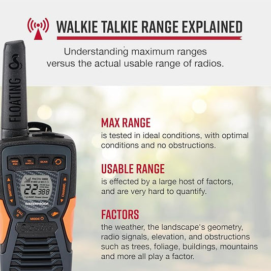 Cobra ACXT1035R FLT Floating and Waterproof Walkie Talkies for Adults & Compatible Cobra Surveillance Headset: Rechargeable, 22 Channels, Long-Range, 2 Two-Way Radios, 2 Headsets, Black/Orange