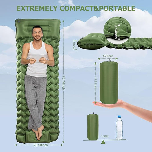 Sleeping Pad, Extra Thick & Ultralight Inflatable Sleeping Pad with Pillow, 30s Foot Pump, 3.54” Camping Mat for Comfort, Durable for Camping, Hiking, Backpacking