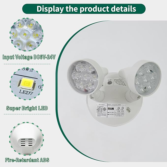 TANLUX Emergency Remote Head Lighting, Double Head Emergency Light, Multi Voltage 6V to 24 Volt Input, 2 by 5 Watts, 2 by 400 Lumen Output, No Battery Inside