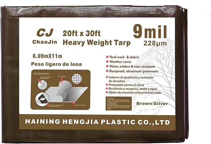 Tarp Waterproof Plastic Tarp with Grommets Every 9 Mil - Multipurpose Water Proof Rain Cover, Outdoor, Garden, Camping, Emergency Survival 20'x30' Brown/Silver