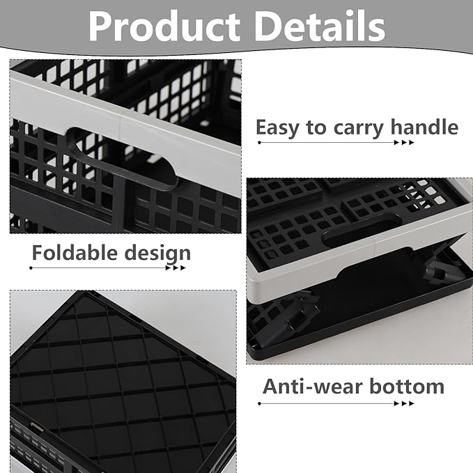 Pack of 3 Small Collapsible Storage Crates, 16 L Black Plastic Milk Crates