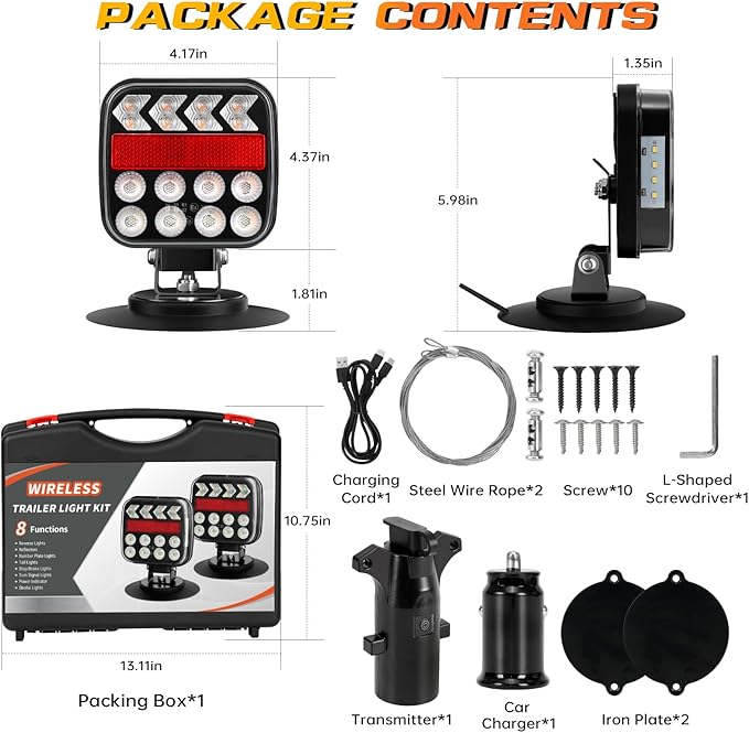 Wireless Trailer Lights, Adjustable Magnetic LED Trailer Lights with Reflectors, Rechargeable Tow Tail Light Kit for Trucks, Boats, RVs, Campers, IP67 Waterproof
