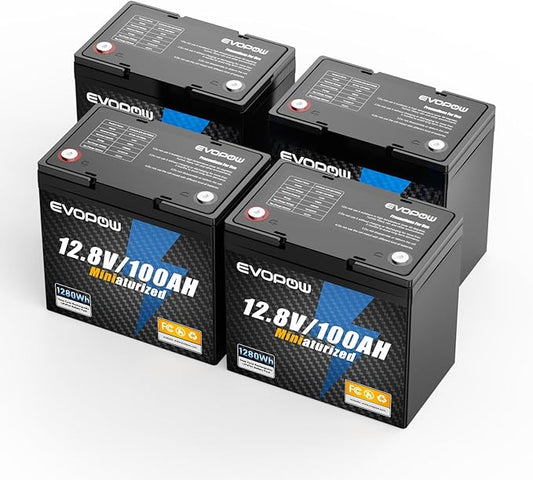 4 Pack 12V 100Ah Mini LiFePO4 Battery, Smaller than Group 24 Built in 100A BMS, 4000-15000 Deep Cycles, 10-year Lifetime Rechargable for RV, Trolling Motor, Solar, Camping, Marine, Home Energy Storage