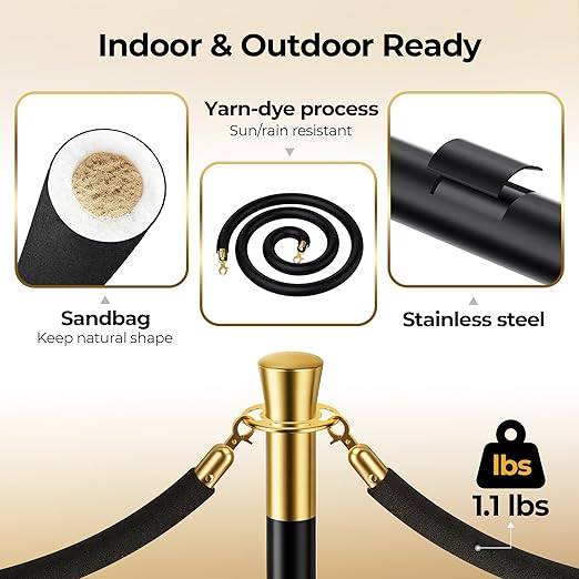 6pcs Sturdy Stanchion Posts, 6pcs High Quality Black Velvet Ropes, Water/Sand/Concrete Fillable Leakproof Base, Crowd Control Barriers for Birthday, Prom, Business, Wedding, Red Carpet