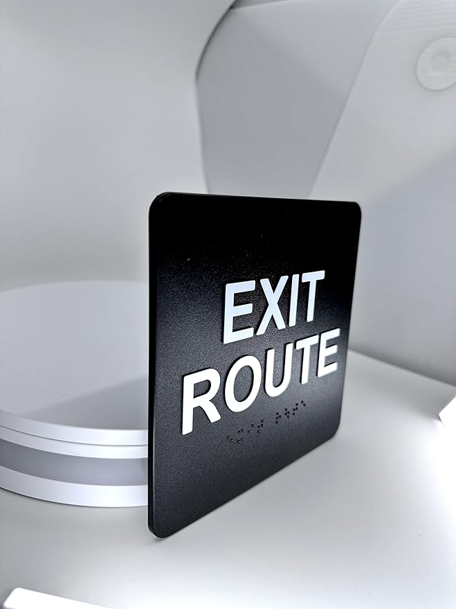 ADA Exit Route Sign with Braille Grade II, ADA Compliant,6"x6", 3M Double Sided Tape (Black)