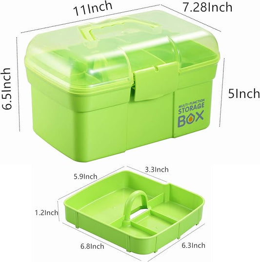 11'' Plastic Storage Box with Removable Tray, Multipurpose Organizer and Storage Case for Art Craft and Cosmetic (Green)