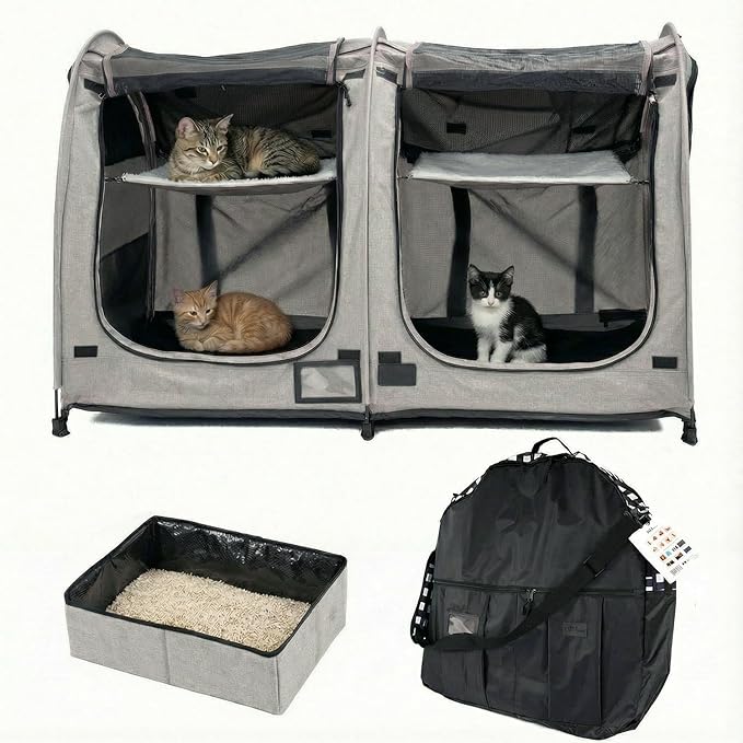 Portable Twin Compartment Show House Cat Cage Condo,Comfy Puppy Home Dog Travel Crate with Carry Bag,2 Hammocks and Mats & Collapsible Litter Box and Water Bottle