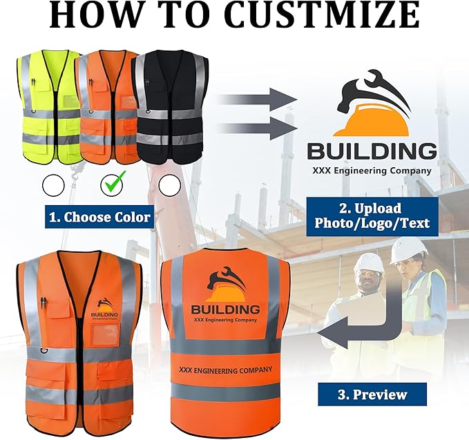 Custom Safety Vest with Logo, High Visibility Reflective Personalized Vest with Pockets for Men Women Construction