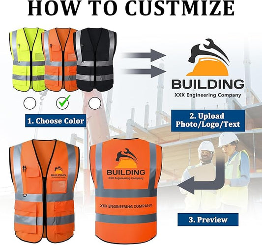 Custom Safety Vest with Logo, High Visibility Reflective Personalized Vest with Pockets for Men Women Construction