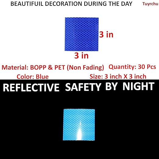 Blue Reflective Stickers 3 inch X 3 inch, Outdoor Waterproof High Visibility Warning Safety Adhesive Reflector Tape (30 Pcs)