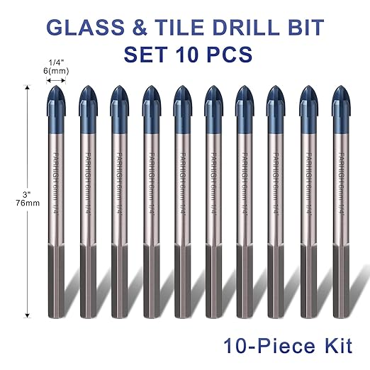 Glass and Tile Drill Bit Set, Ti & Tungsten Carbide Tipped Drill Bit, 6mm (1/4 Inch), 10 Pack, for Glass, Tile, Ceramic, Porcelain, Concrete