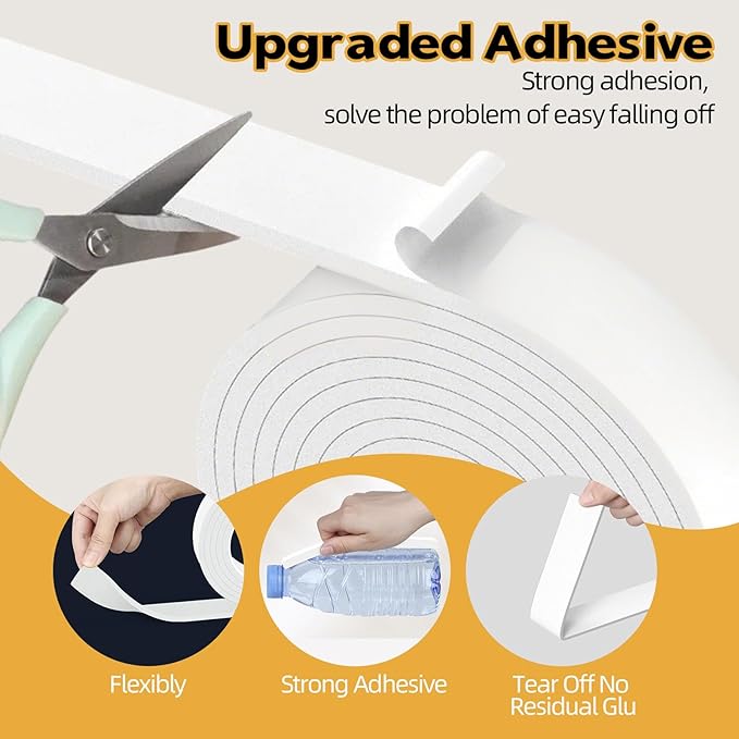 EVA Foam Weather Stripping Tape,1 Inch W x 1/4 Inch T Self-Adhesive Seal Tape for Doors & Windows-Draft Blocker,Soundproofing,Waterproof Insulation Foam,2 Rolls Total 33FT White