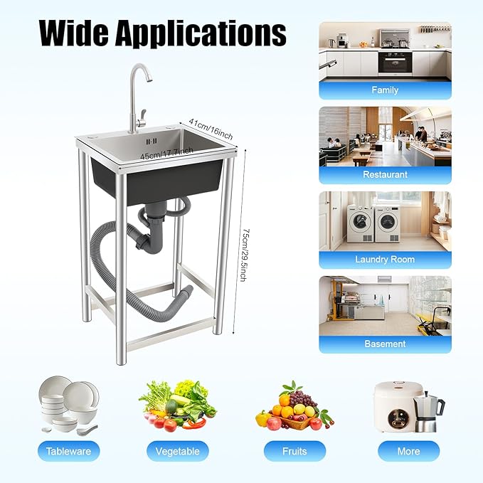 Utility Sink Free Standing Stainless Steel Single Bowl Kitchen Sink with 360° Rotatable Faucet and Strainer Basket Portable Sinks for Home Laundry Garage Commercial