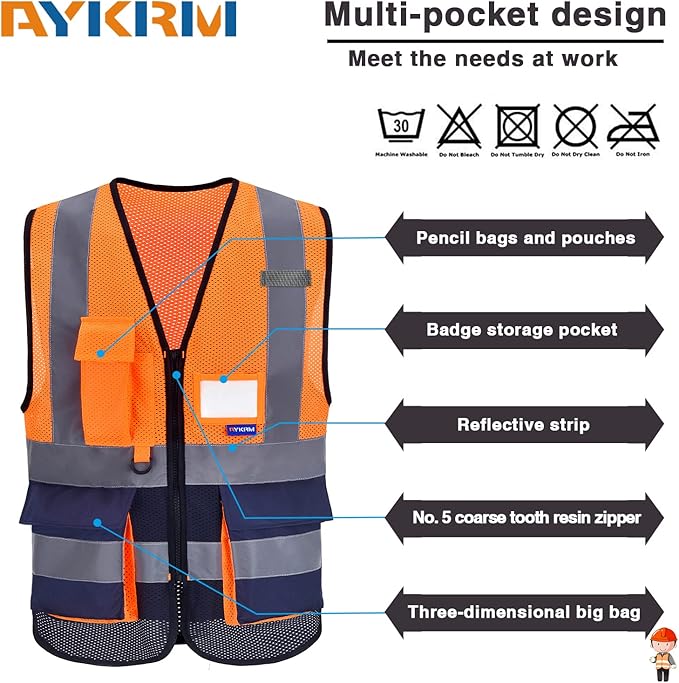 A-SAFETY High Visibility Mesh Safety Reflective Vest with Pockets and Zipper,Hi Vis Viz Reflective Safety Vest(Orange&Navy Mesh XXL)