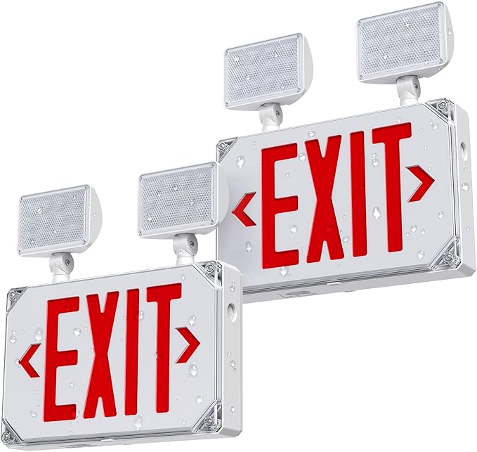 Wet Location Emergency Exit Signs with Adjustable Lights Battery Backup, UL Listed Double Face Exterior Led Exit Sign Combo, Hardwired Waterproof Red Exit Light, AC120/277V, Wall/Side Mount (2 Pack)