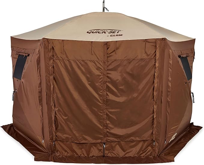 CLAM Pop Up Screen Tent, Large Outdoor Camping Gazebo Canopy, Pavilion, 12.5', Brown - Foldable and Portable Screened Shelter with Netting for Beach, Patio, and Backyard
