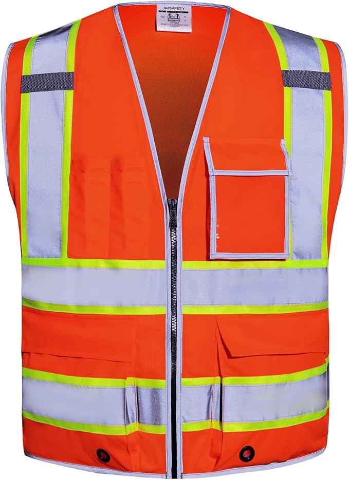 SKSAFETY 10 Pockets Safety Vest, Class 2 High Visibility Security with Zipper, Hi Vis Vest with Reflective Strips, ANSI/ISEA Standard, Construction Work Vest for Men ＆ Women （Orange, 4XL）