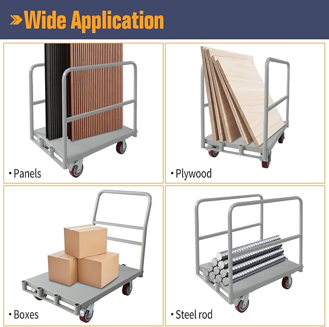 Steel Panel Truck Cart, Platform Truck, Heavy Duty Lumber Drywall Dolly, Flatbed with 2500 Lbs Capacity and 4 Swivel Casters, 36x24inch Steel Board with 1Front and 2Side Handrails