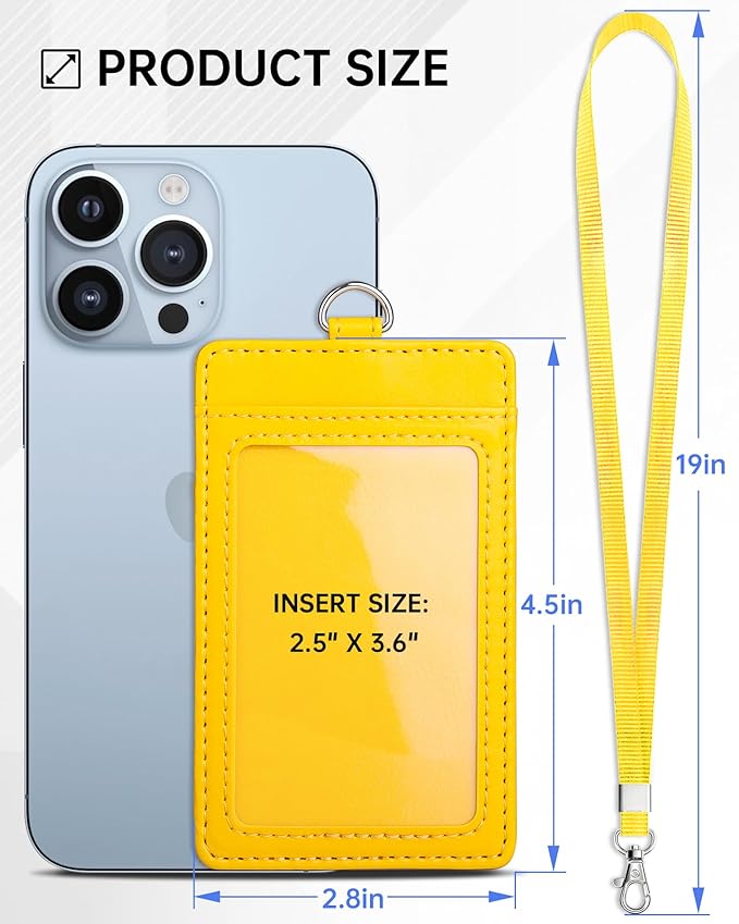 Teskyer Badge Holder with Lanyard, Leather ID Name Badge Card Holder with Lanyard for ID Badges, Vertical, Bright Yellow