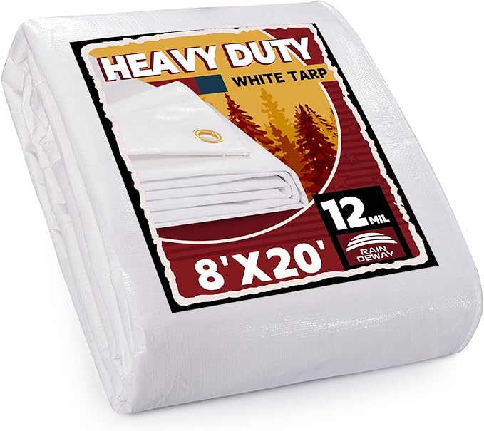 12 Mil Heavy Duty White Tarps 8' X 20', Extra Thick,Durable,Waterproof, UV Resistant, Weatherproof Poly Tarp,with Metal Grommets and Reinforced Edge (Finished Size)-by Raindeway