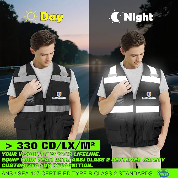 BeautyWill 10 Pack Custom Logo Safety Vest ANSI Class 2 High Visibility Reflective Vest Personalized Construction Vest Bulk