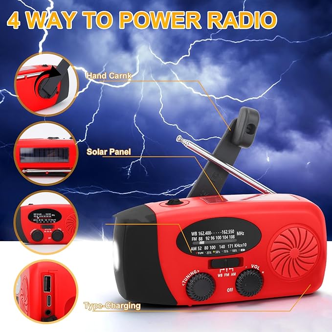 Zunate Emergency Weather Radio AM FM NOAA WB with 2000mAh Power Bank, Solar Hand Crank Portable Radio with LED Flashlight for Camping Hiking Storms