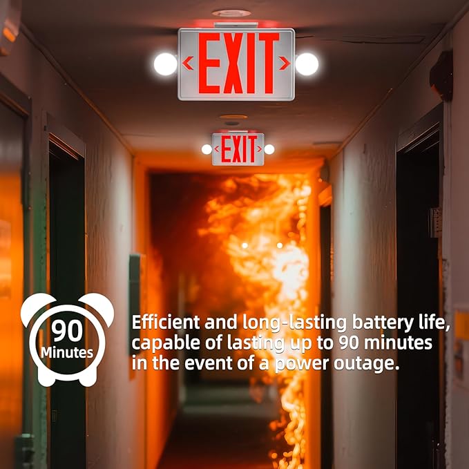 Exit Sign with Emergency Light, Commercial Exit Signs，Red Emergency Exit Light, 2 Adjustable Heads,Combo for Business, 120V/277V AC, UL-Listed, 4 Pack