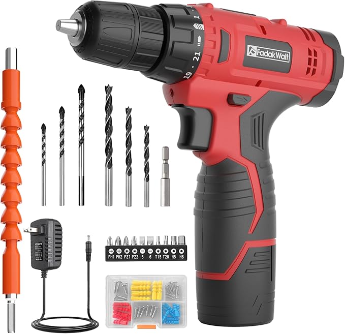 FADAKWALT Cordless Drill Set, 12V Power Drill With Battery and Charger, Electric Driver/Drill Bits, 3/8'' Keyless Chuck, 21+1 Torque Setting, 180 inch-lbs, LED, Red