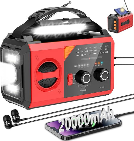 20000mAh Emergency Weather Radio with Wireless Speaker, 74000mWh NOAA/AM/FM Hand Crank Solar Radio with Flashlight Cell, Phone Charger, Compass, Reading Lamp, SOS Alarm