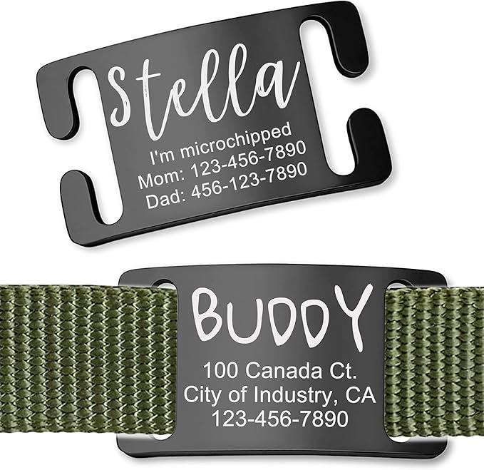 Anavia Slide On Silent Pet ID Tags, S/M/L/XL Personalized Gold Black Stainless Steel Customized Engraved Cat Dog Name Tags, Glossy Finish Chew-Proof Quiet Dog Collar Tag (Small, Black)