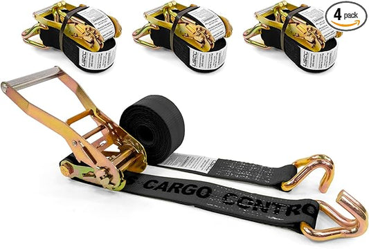 US Cargo Control Wire Hook Ratchet Straps 2 Inch x 12 Foot (4-Pack), 10,000 LBS Break Strength, Ratchet Straps Heavy Duty with Double J Hooks, Black Cargo Tie Downs for Flatbed Trailers and Trucks