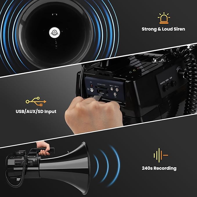 My Mealivos75W 2000 Professional Yard Sound Range Heavy PA Bullhorn Megaphone Speaker, Adjustable Volume, Loud Hand Held Megaphone, Outdoor Activities, Coaching, Football, Baseball, Hockey…