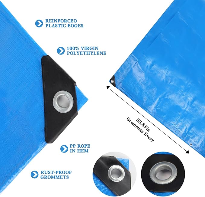 Tarp Heay Duty Waterproof 6x14ft,Blue Tarp Cover Plastic Poly Tarpaulin for Outdoor Cover,Emergency Rain,Roof, Pool, Boat,Camping - Multipurpose with 16Mil Thickness
