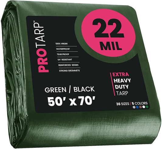 PROTARP Extreme Heavy Duty 22 Mil Tarp Cover, Waterproof, UV Resistant, Rip and Tear Proof, Poly Tarpaulin with Reinforced Edges for Roof, Camping, Patio, Pool, Boat. (Green/Black 50′ X 70′)